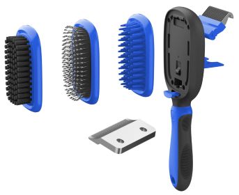 Pet Life 'Conversion' 5-in-1 Interchangeable Dematting and Deshedding Bristle Pin and Massage Grooming Pet Comb - Blue